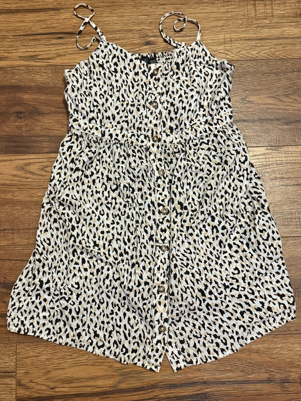 Volcom Girls Cream + Black Leopard Print Button-Front Sundress